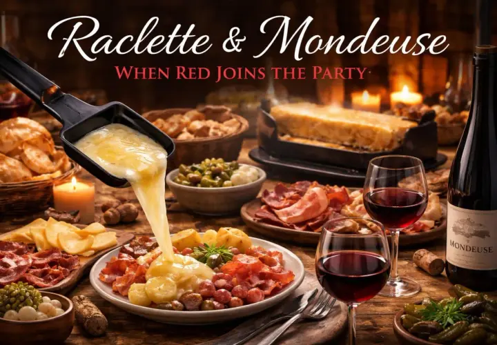 Raclette et Mondeuse : un vin rouge de Savoie parfait pour accompagner ce plat savoyard. Fromage fondu, charcuterie et pommes de terre.