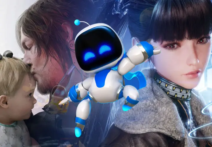 Astro Bot, bohater najlepszych gier na PS5, otoczony postaciami z gier.