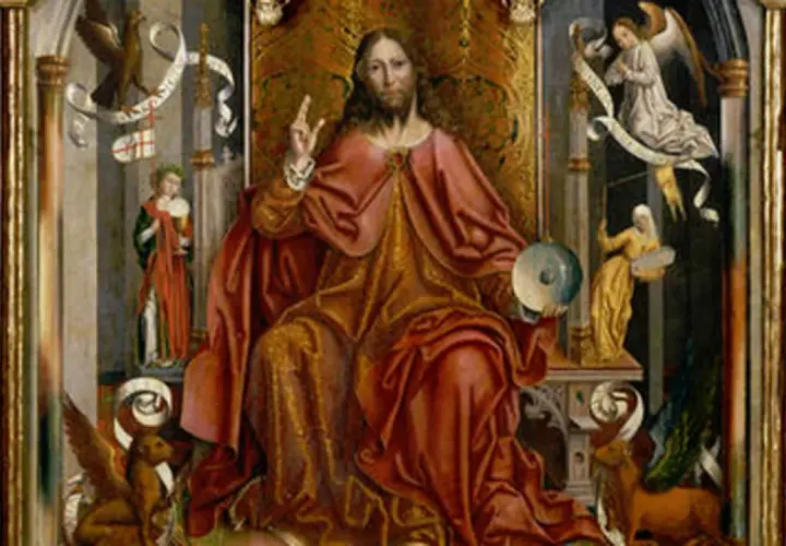 El Cristo entronizado, con túnica roja y dorada, bendice y sostiene un orbe. A su lado, ángeles y figuras bíblicas.