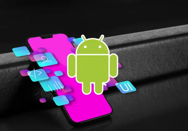 Jak otworzyć plik zip na telefonie z Androidem? Ikony aplikacji i logo Androida unoszą się nad ekranem smartfona.