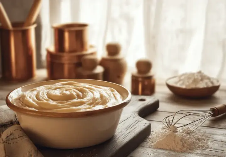 Un bol de pâte à beignets crémeuse, prêt à être cuisiné. Farine et fouet à proximité.