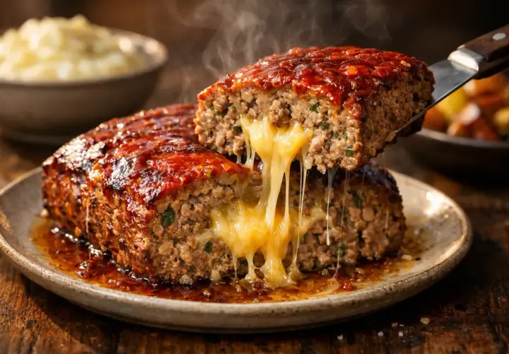 Un délicieux pain de viande dégoulinant de fromage fondant, nappé d'une sauce rouge appétissante.