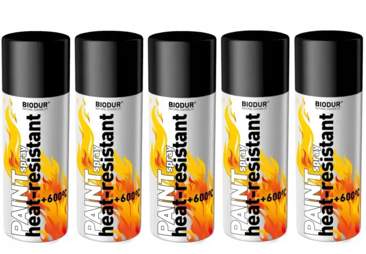 Pięć puszek żaroodpornej emalii w sprayu BIODUR. Idealna do ochrony przed wysoką temperaturą.