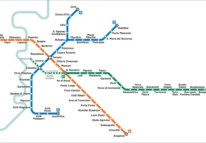 Mappa della metro di Roma con linee A (arancione), B (blu) e C (verde). Ideale per esplorare la città con il metro gratis.