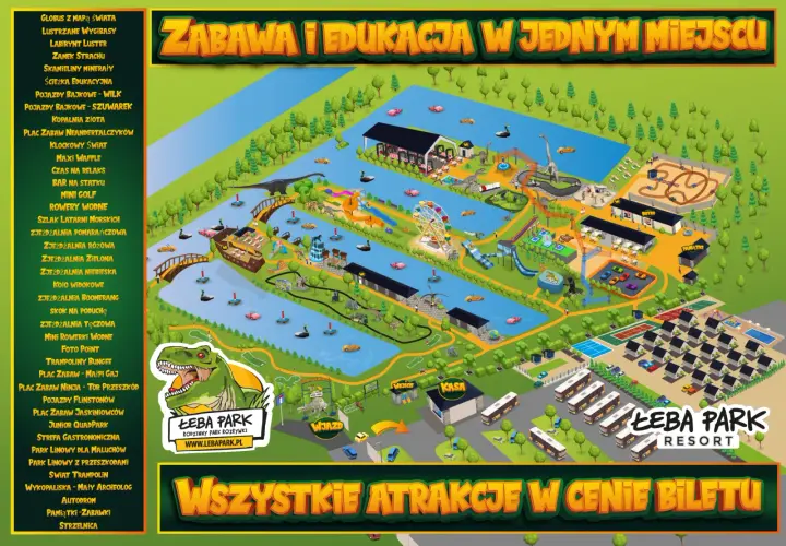 Mapa Łeba Parku z atrakcjami, gdzie jest kino 5D? Szukaj wśród zjeżdżalni i dinozaurów!