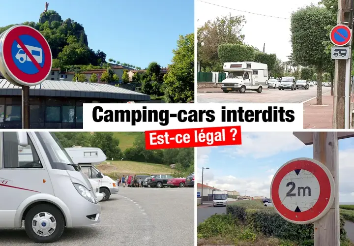 Panneaux interdisant le camping-car sauvage. Des camping-cars sont garés dans un parking.