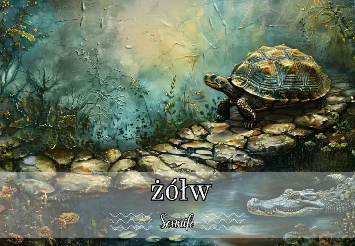 Sennik żółw: Żółw na kamienistej ścieżce, obok woda z aligatorem. Symbolizuje cierpliwość i długowieczność.