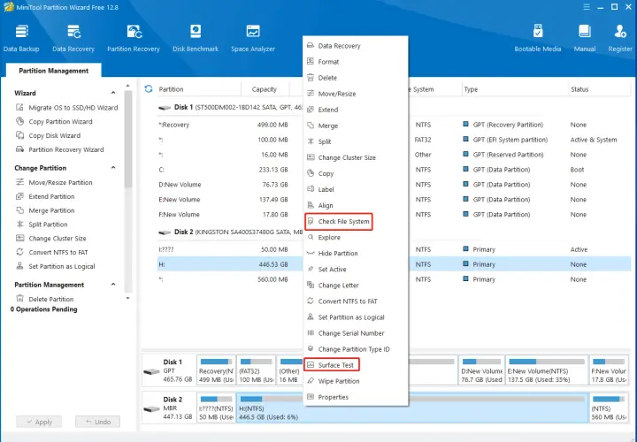 MiniTool Partition Wizard: Menü "Check File System" ist geöffnet. Hier kann man die Festplatte prüfen, ähnlich wie mit xcopy /y.