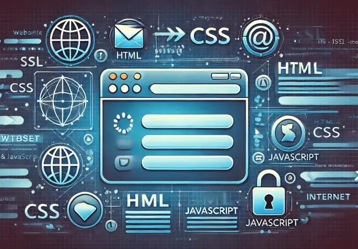 Grafika przedstawia okno przeglądarki internetowej otoczone ikonami symbolizującymi HTML, CSS, JavaScript i bezpieczeństwo.