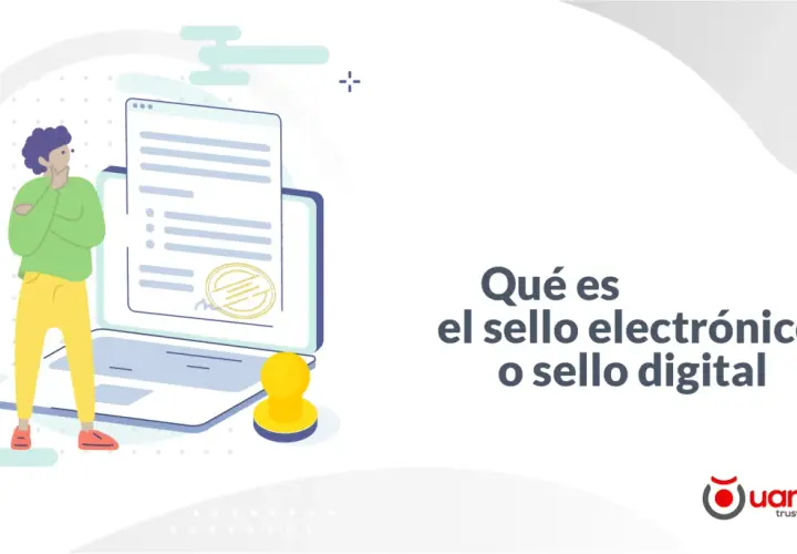 Persona reflexiona ante un documento digital con un sello electrónico. El texto pregunta "¿Qué es el sello electrónico o sello digital?".