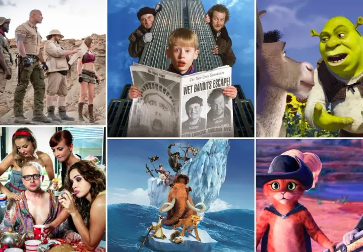 Kolaż filmowy: Jumanji, Kevin sam w domu, Shrek, Epoka Lodowcowa, Kot w butach. Zastanawiasz się, jak długo filmy są w kinach?