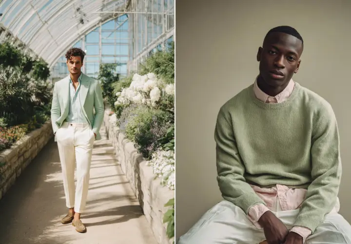 Dos hombres con atuendos que resaltan los colores que combinan con el verde: uno con traje menta y blanco en un invernadero, otro con suéter verde y camisa rosa.