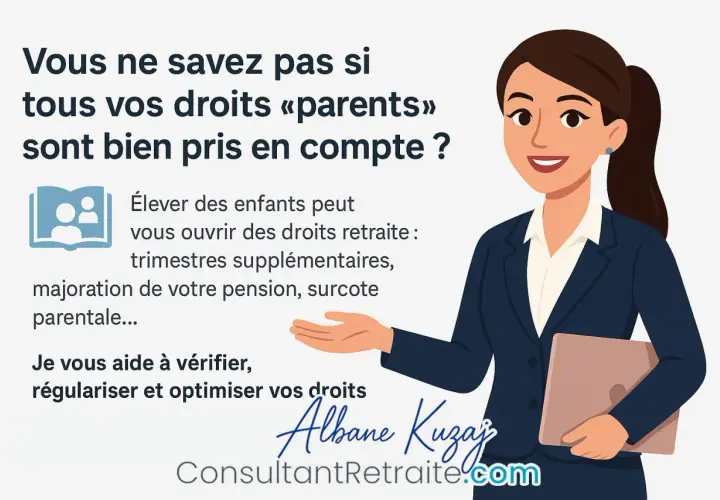 Une consultante aide à optimiser les droits retraite liés à l'éducation des enfants, incluant les trimestres supplémentaires.