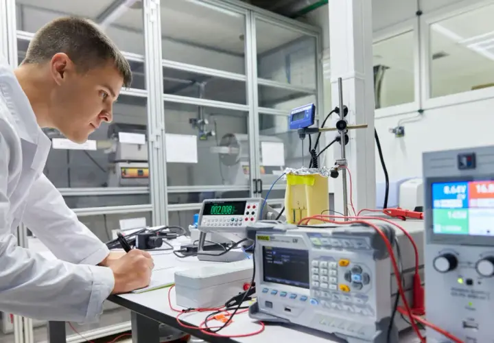 Científico en laboratorio registrando datos de un experimento de transferencia de calor con equipos electrónicos.