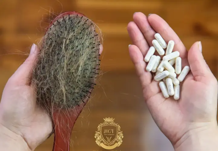 Cepillo con pelo caído y mano con cápsulas, buscando las mejores vitaminas para el pelo.