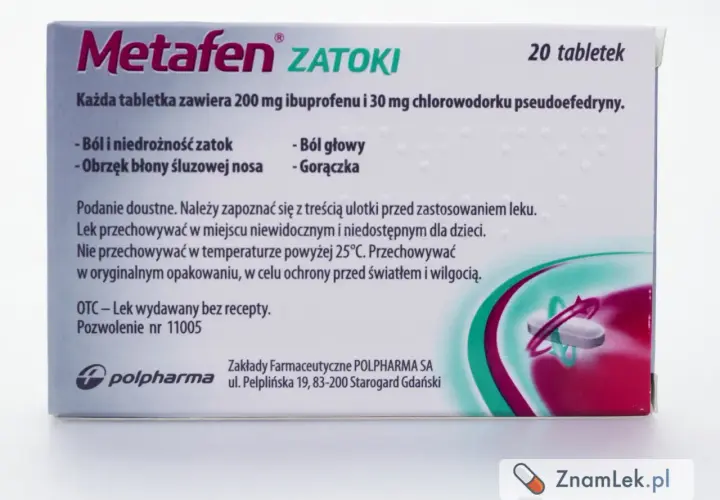 Metafen Zatoki, lek na ból i niedrożność zatok, ból głowy i gorączkę. Opakowanie 20 tabletek.