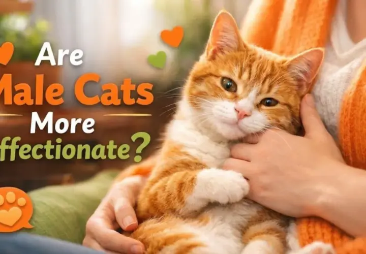 An orange tabby cat is held by a person, with text asking "Are male cats more affectionate?".