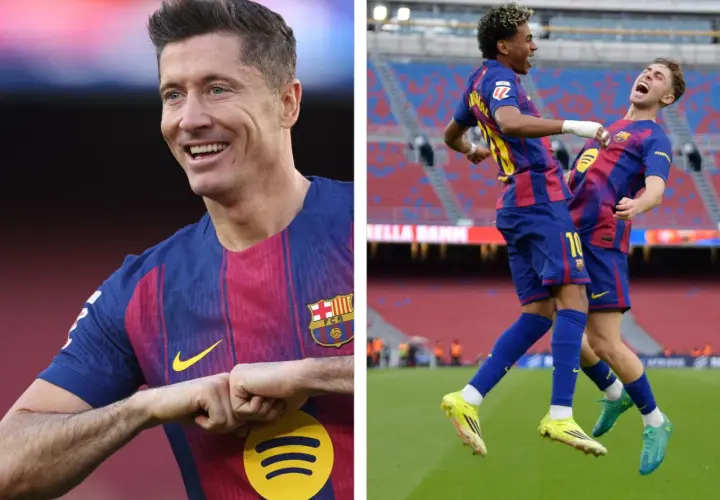 Piłkarze Barcelony świętują gola. Lewandowski z uśmiechem, a dwaj młodzi zawodnicy wykonują radosny dublet.