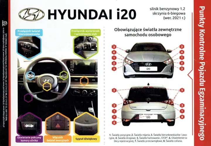 Na egzaminie z prawa jazdy na Hyundai i20 poznasz obsługę świateł: pozycyjnych, mijania, kierunkowskazów, awaryjnych i przeciwmgielnych.