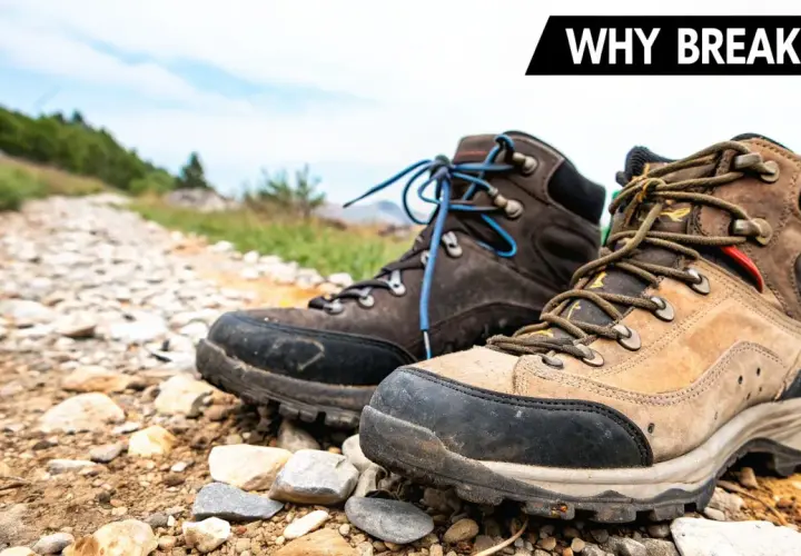 Two hiking boots sit on a rocky trail, ready for an adventure. A perfect hiking fit ensures comfort and support on any terrain.