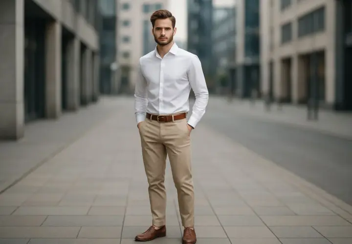 Elegancki mężczyzna w białej koszuli i beżowych spodniach, idealny przykład, jaka koszula do beżowych spodni.