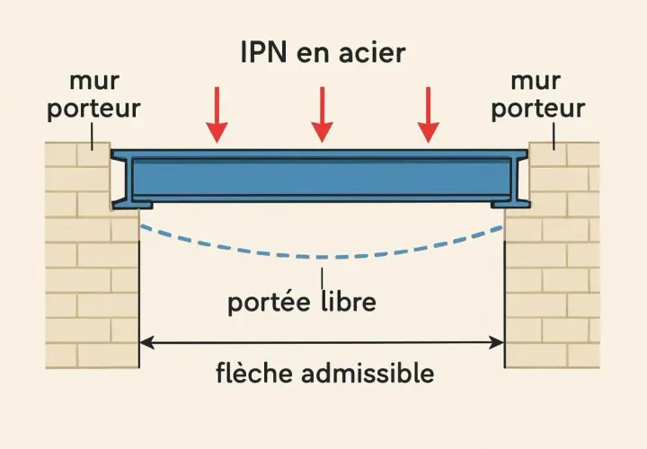 Un IPN en acier repose sur des murs porteurs. La portée libre est la distance entre les murs. La flèche admissible indique la déformation maximale autorisée.