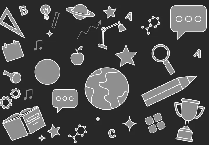 Grafika z ikonami edukacyjnymi: książka, globus, jabłko, ołówek, trofeum, litery A, B, C.