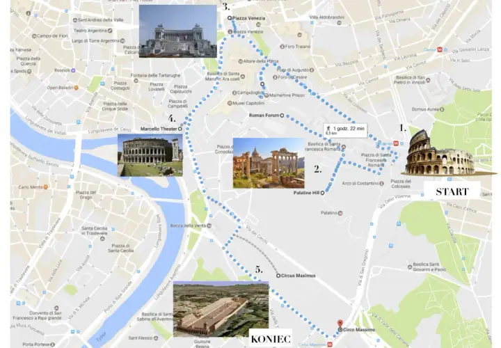 Plan na **rzym w 3 dni**: trasa od Koloseum (1) przez Forum Romanum (2), Piazza Venezia (3), Teatr Marcellusa (4) do Circus Maximus (5).