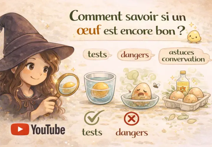 Une sorcière examine un œuf à la loupe. L'image montre des tests pour savoir si on peut manger des œufs périmés, avec des dangers illustrés.