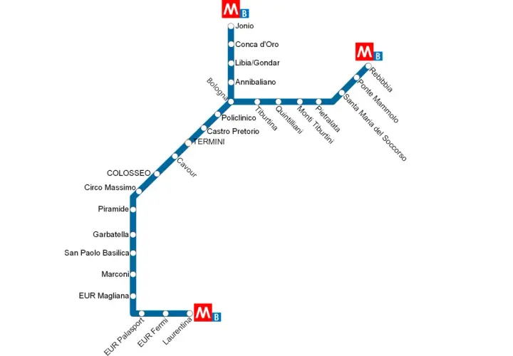 Mappa metro Roma: linea B da Jonio a Laurentina, passando per Tiburtina e Colosseo.
