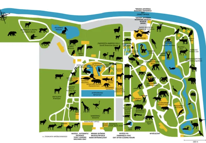 Mapa największego zoo w Polsce z zaznaczonymi zwierzętami: od lwów i tygrysów po pelikany i małpy.