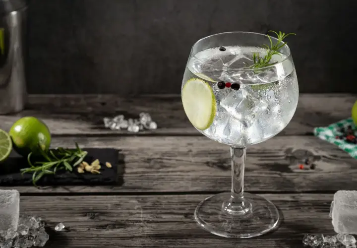 Orzeźwiający gin and tonic z plasterkiem limonki, gałązką rozmarynu i ziarnami pieprzu, na drewnianym blacie.