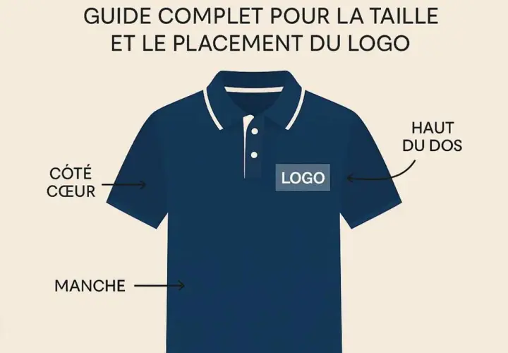 Guide pour le placement du logo sur un polo bleu. Indique les zones : côté cœur, manche, haut du dos.