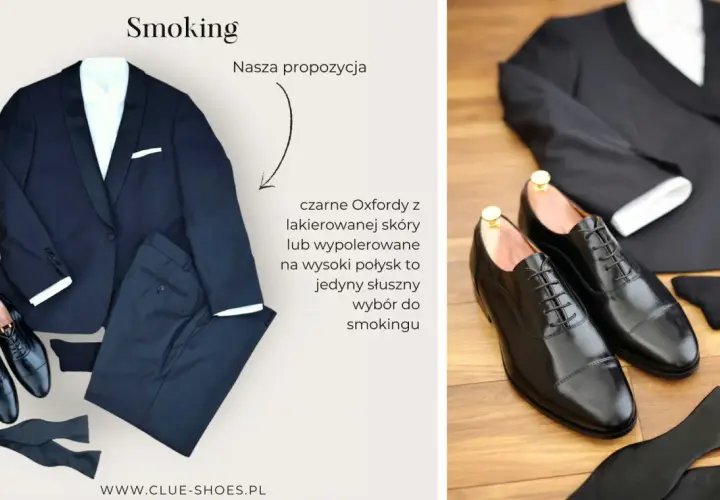 Elegancki smoking z białą koszulą, czarną muszką i czarnymi, lakierowanymi oksfordami. Idealne buty do smokingu.