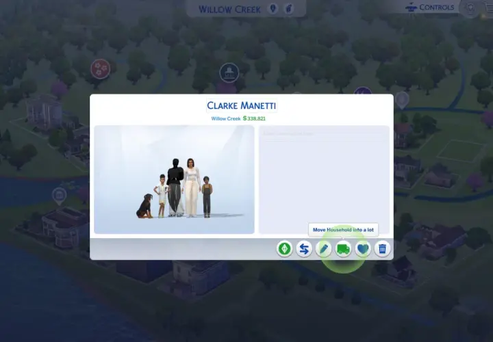 Rodzina Clarke Manetti na mapie Willow Creek. Kliknij ikonę ołówka, by dowiedzieć się, jak edytować sima podczas gry Sims 4 kodem.