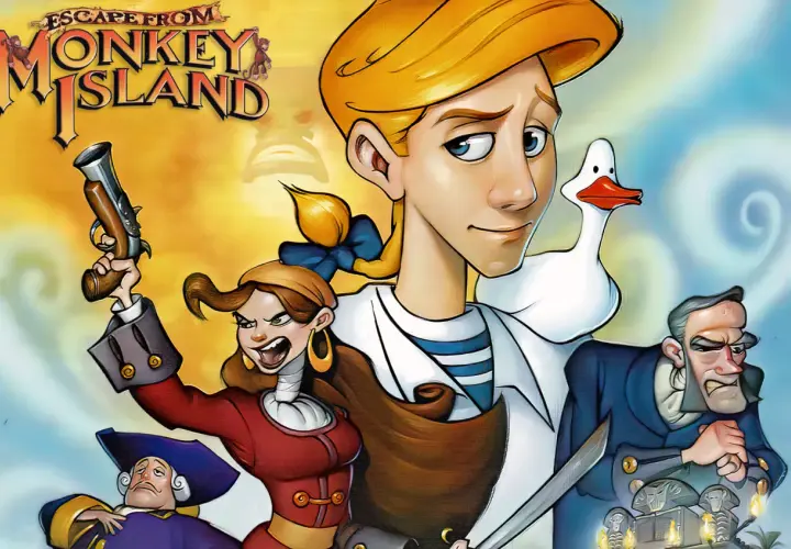 Postacie z gry Escape from Monkey Island: Guybrush Threepwood, Elaine Marley z pistoletem, dziwny mężczyzna w niebieskim stroju i gęś.