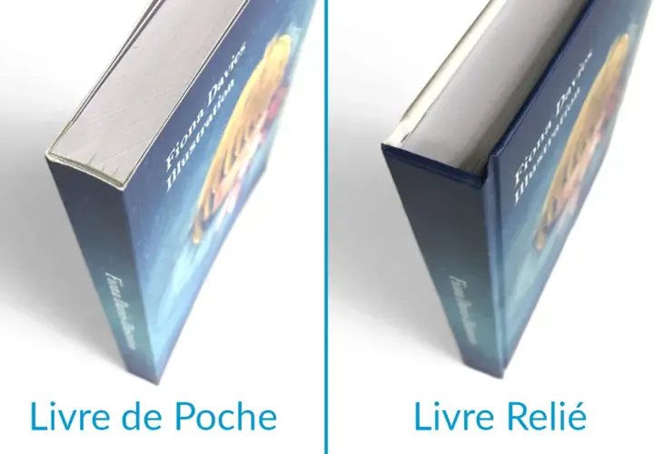 Comparaison visuelle : la différence entre broche et poche. Un livre de poche à gauche, un livre relié à droite, montrant leurs couvertures distinctes.