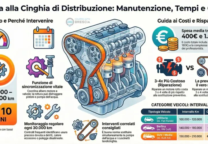 Illustrazione di un motore auto che mostra dove si trova la cinghia di distribuzione, con dettagli su manutenzione, tempi e costi.