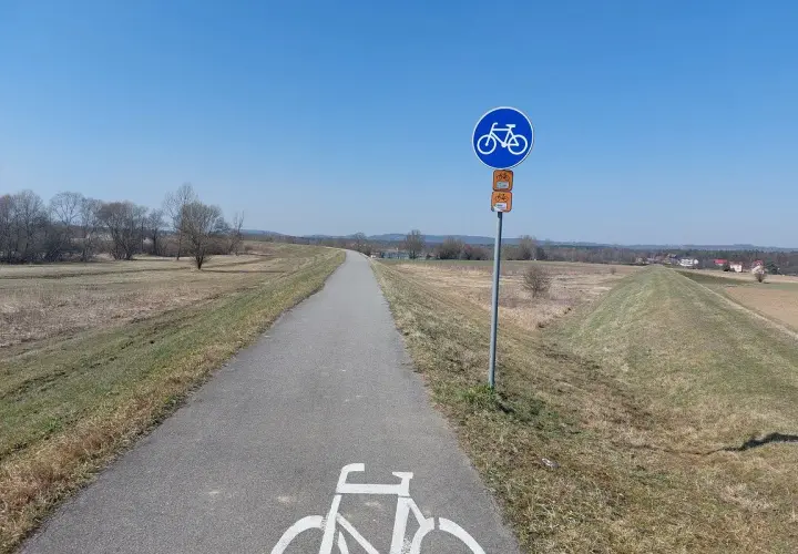Pusta wiślana trasa rowerowa Oświęcim - Kraków, z oznakowaniem i malunkiem roweru na asfalcie.