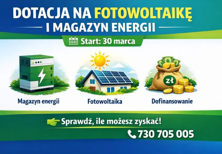 Ilustracja przedstawia magazyn energii, dom z fotowoltaiką i worek pieniędzy.
