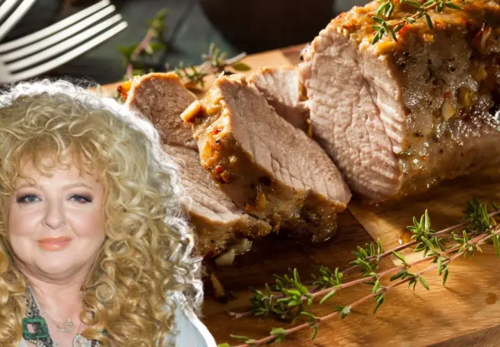 Polędwiczki wieprzowe przepis Magdy Gessler. Soczyste mięso pieczone z ziołami, obok uśmiechnięta restauratorka.