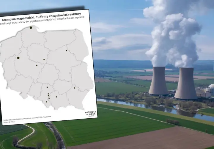 Mapa Polski z zaznaczonymi lokalizacjami, gdzie firmy chcą budować reaktory atomowe. W tle widać chłodnie kominowe elektrowni.
