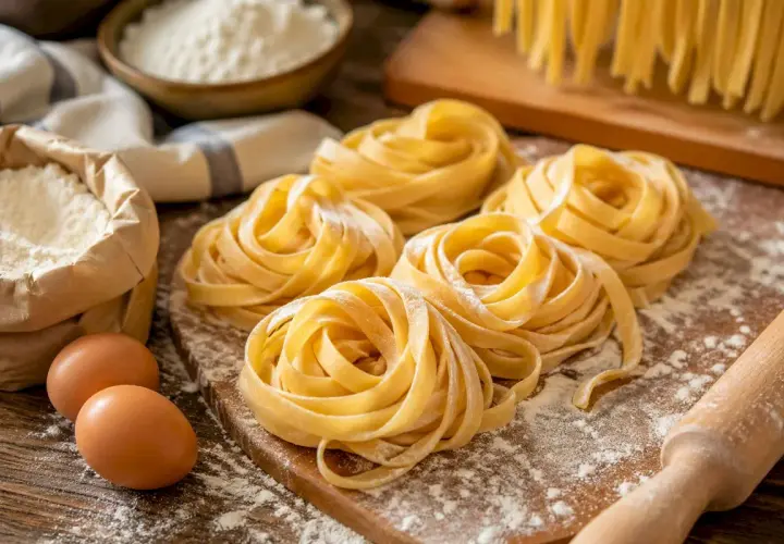 Nidi di pasta fatta in casa, farina, uova e mattarello su un tagliere di legno.