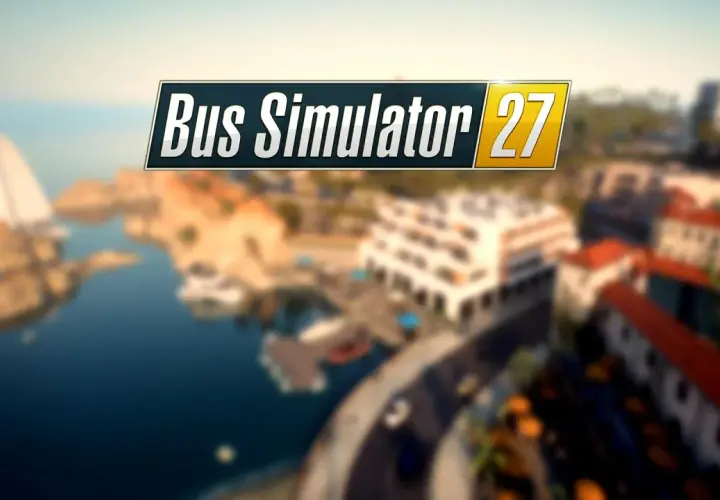 Titelbild für Bus Simulator 27: Eine Küstenstadt mit Yachten und Gebäuden.