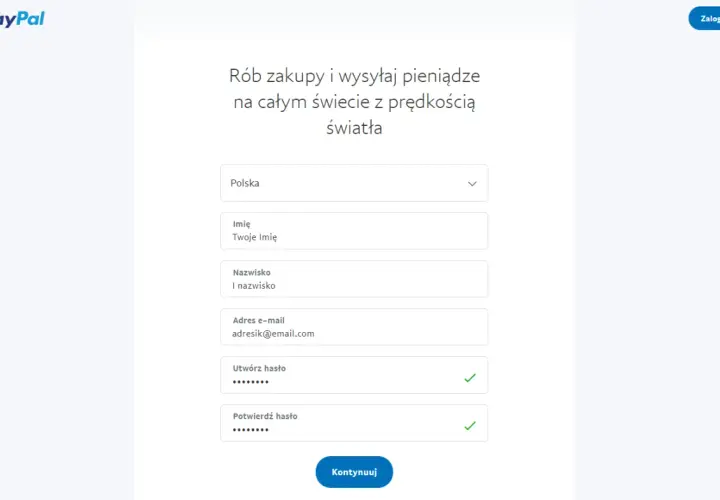 Formularz rejestracyjny PayPal. Wpisz dane: kraj, imię, nazwisko, e-mail, hasło. Dowiedz się, jak założyć PayPal.