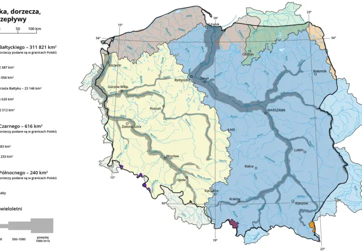 Mapa Polski z zaznaczonymi zlewiskiem Bałtyku, Morza Czarnego i Północnego oraz głównymi rzekami.