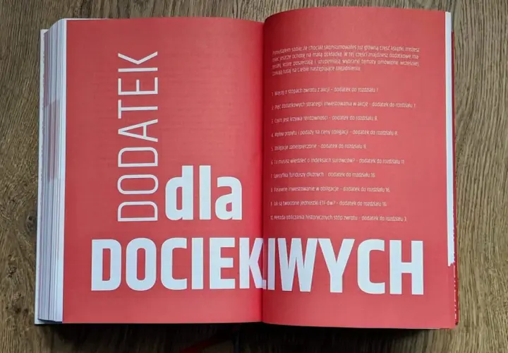 Dodatek dla dociekliwych. Spis treści książki o inwestowaniu, zawierający rozdziały o akcjach, obligacjach, surowcach i funduszach ETF.
