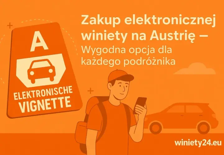 Pomarańczowe tło z ikoną winiety elektronicznej Austrii, podróżnikiem z telefonem i samochodem.