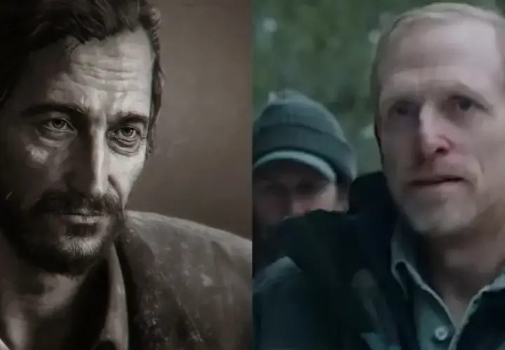 Porównanie postaci z gry i serialu. Po lewej grafika Joela, po prawej Pedro Pascal jako Joel. The last of us obsada.