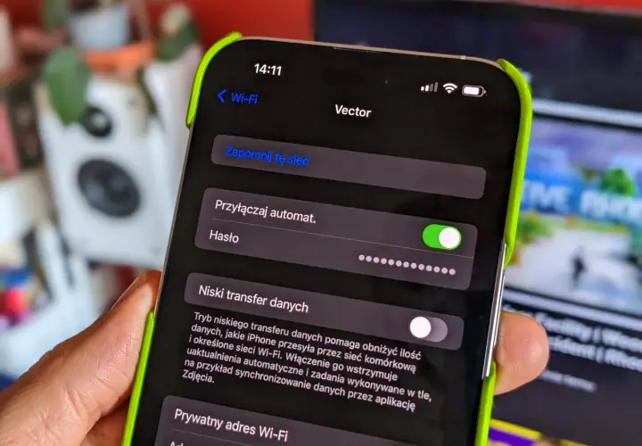 Ustawienia Wi-Fi na iPhonie: gdzie jest wlan w telefonie? Widok ekranu z opcjami sieci, hasłem i trybem niskiego transferu danych.